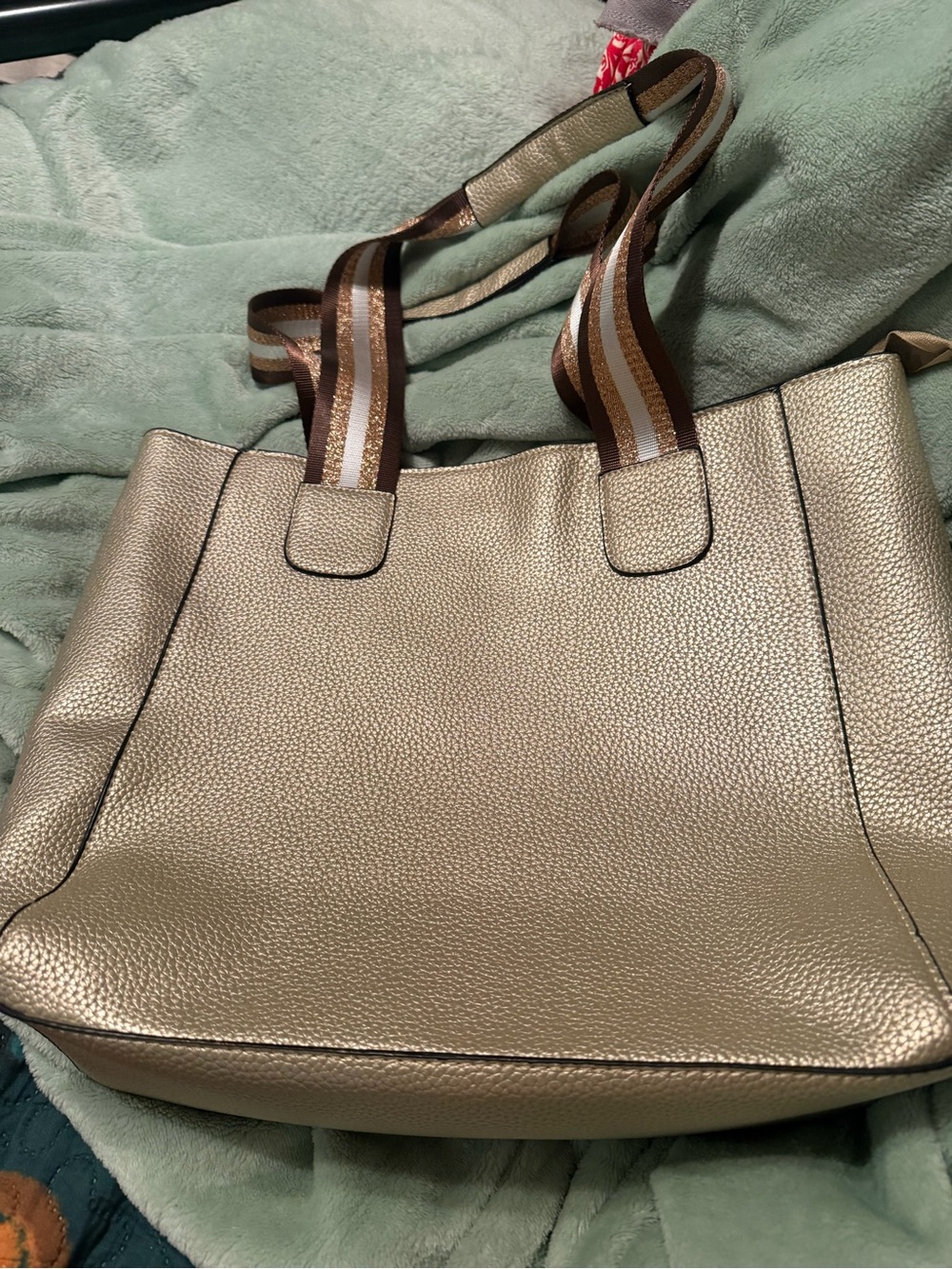 Metallic Gold Tote Bag with Striped Shoulder Straps